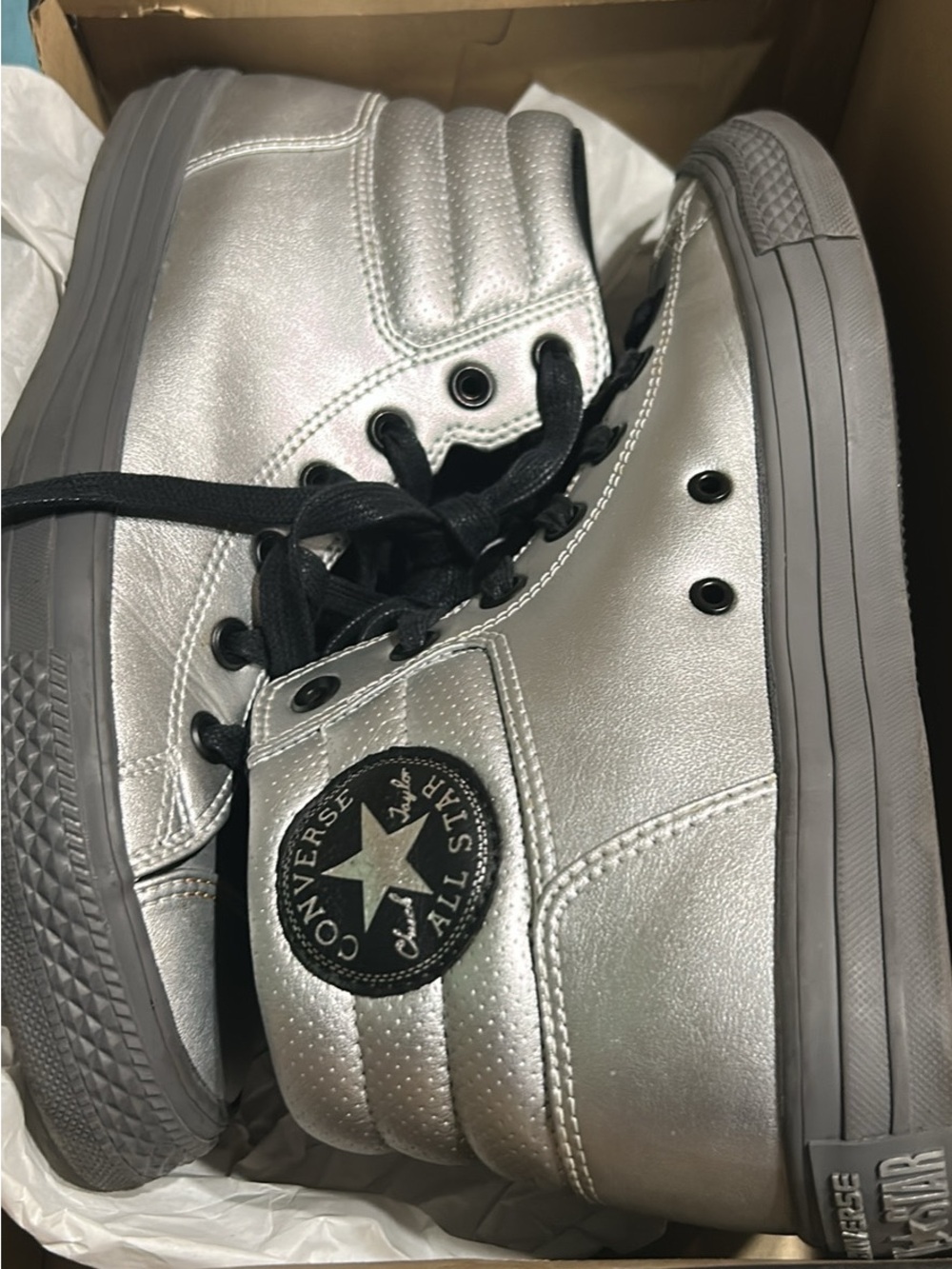 Converse Metallic Silver High-Top Sneakers with Black Laces - Picture 2 of 3